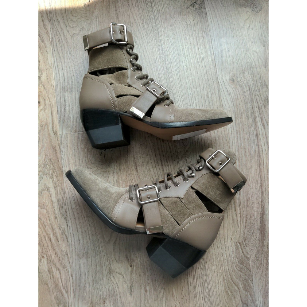 Chloe Rylee Caged Suede Taupe Buckle Ankle Boots
